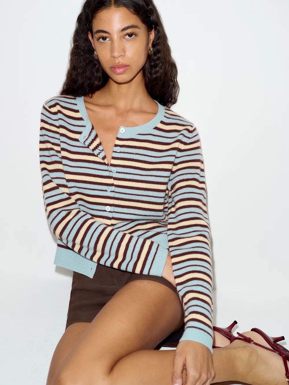 NWT Anthropologie Reformation Clara Cashmere Crew Cardigan in Aqua Stripe Medium
